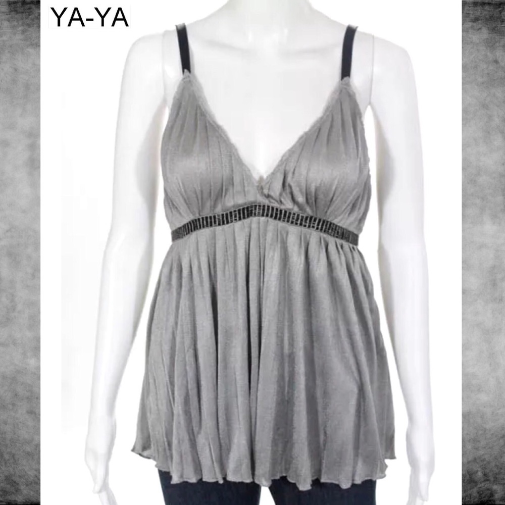 YA-YA Gray/Blk Pleated Beaded Tank/Blouse